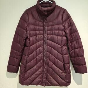 Land's End Burgundy Packable Down Puffer Coat with Double Zipper & Pockets, Med